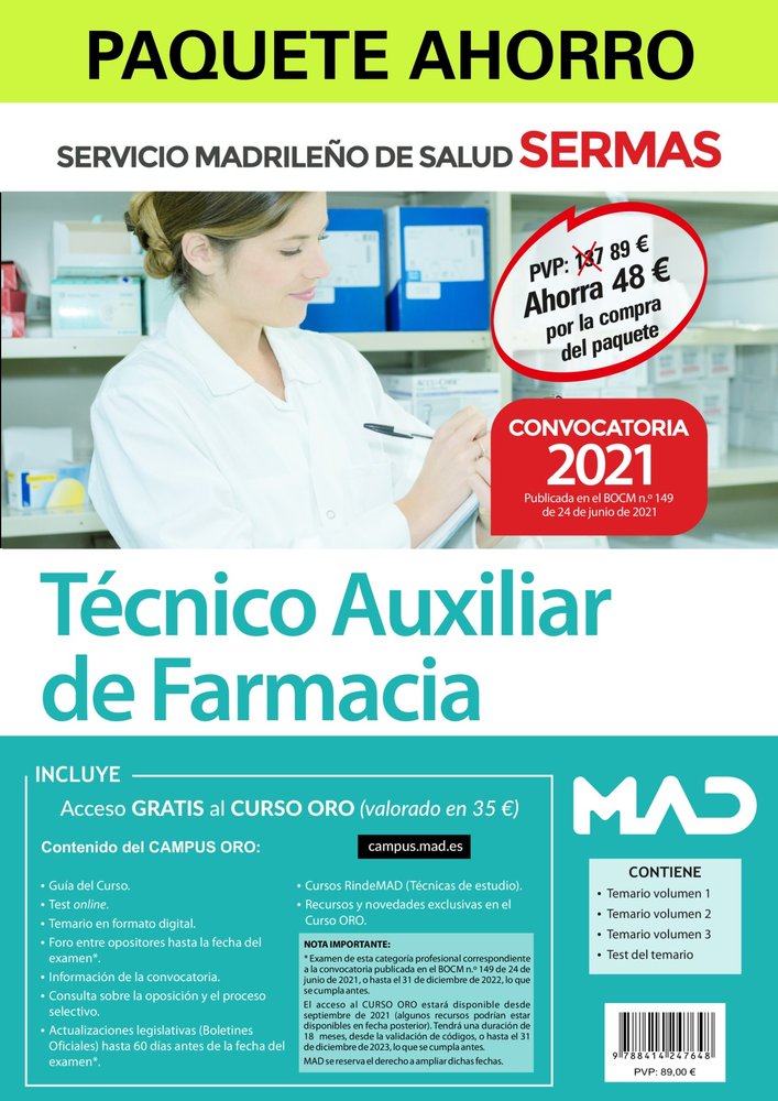 PAQUETE AHORRO TECNICO AUXILIAR DE FARMACIA DEL SERMAS. AHOR, de 7 EDITORES#GOMEZ MARTINEZ | portada del libro