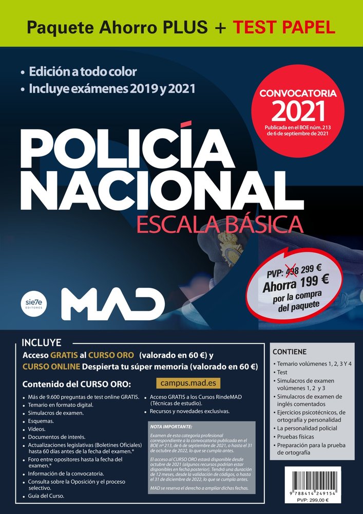 PAQUETE AHORRO PLUS TEST PAPEL ESCALA BASICA POLICIA NACIONA, de RODRIGUEZ YERGO | portada del libro