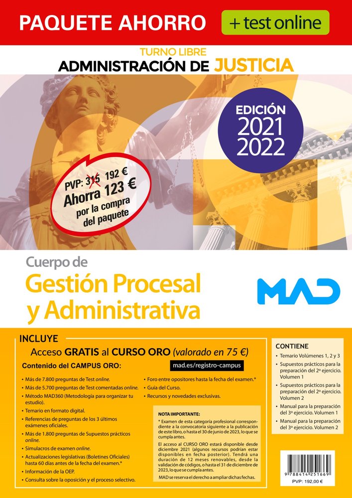 PAQUETE AHORRO TEST ONLINE GESTION PROCESAL Y ADMINISTRATIV, de DORADO PICON | portada del libro