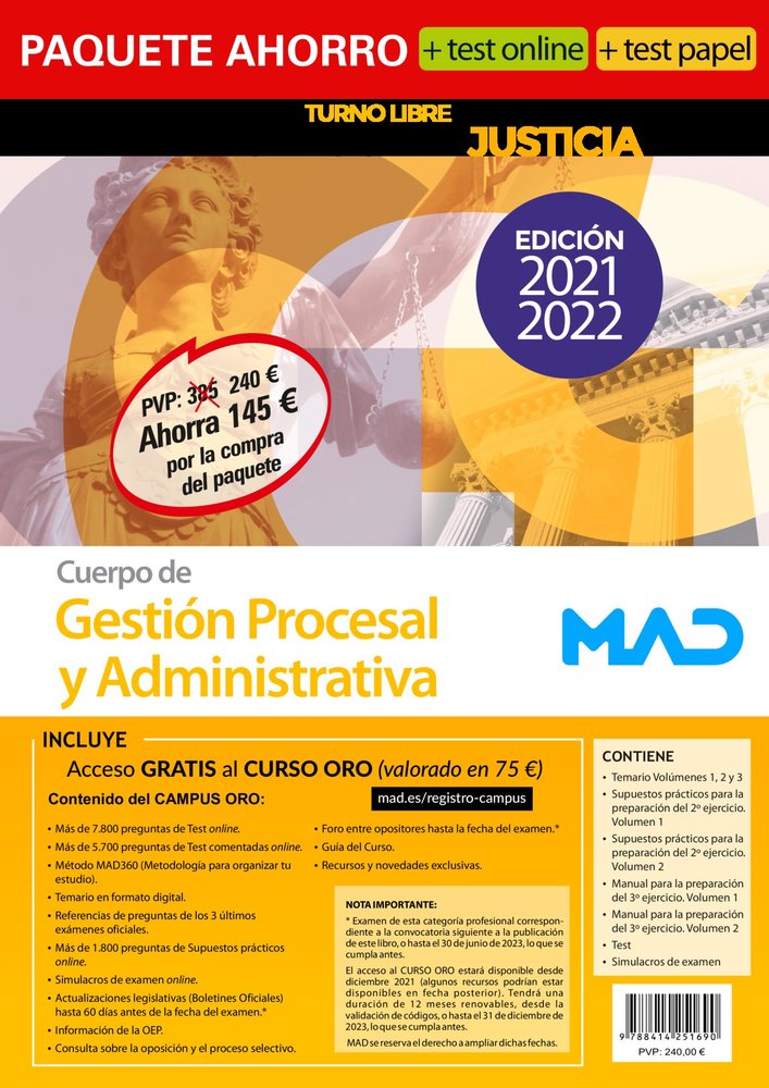 PAQUETE AHORRO TEST PAPEL GESTION PROCESAL Y ADMINISTRATIVA, de DORADO PICON | portada del libro