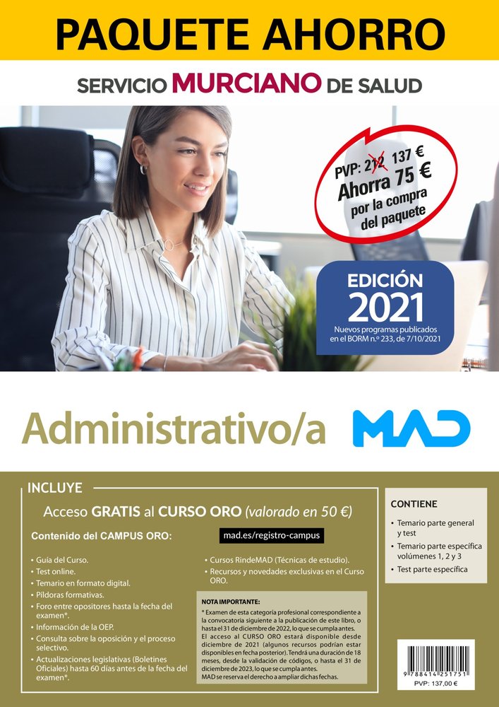 PAQUETE AHORRO ADMINISTRATIVO/A SERVICIO MURCIANO SALUD, de GOMEZ MARTINEZ | portada del libro