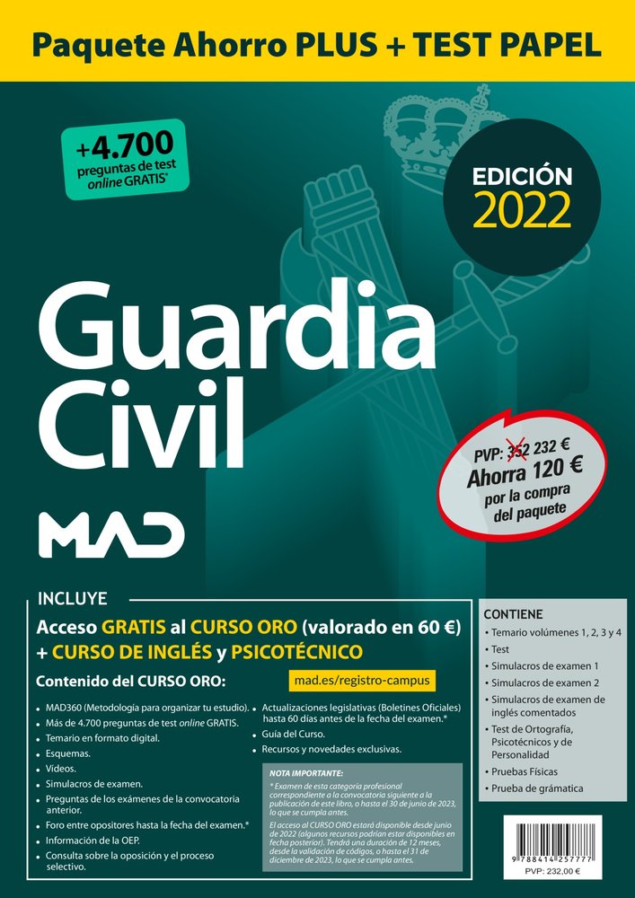 PAQUETE AHORRO PLUS + TEST PAPEL GUARDIA CIVIL 2022. AHORRA, de 7 EDITORES#RODRIGUEZ YERGO | portada del libro