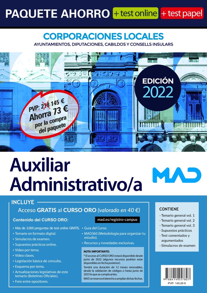 PAQUETE AHORRO TEST PAPEL AUXILIAR ADMINISTRATIVO CORPORACI | portada del libro
