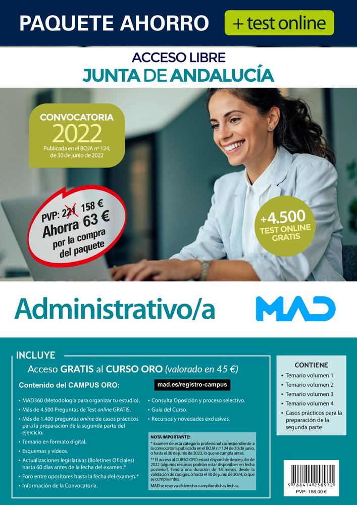 PAQUETE AHORRO + TEST ONLINE ADMINISTRATIVO/A JUNTA DE ANDAL, de USERO LOPEZ | portada del libro