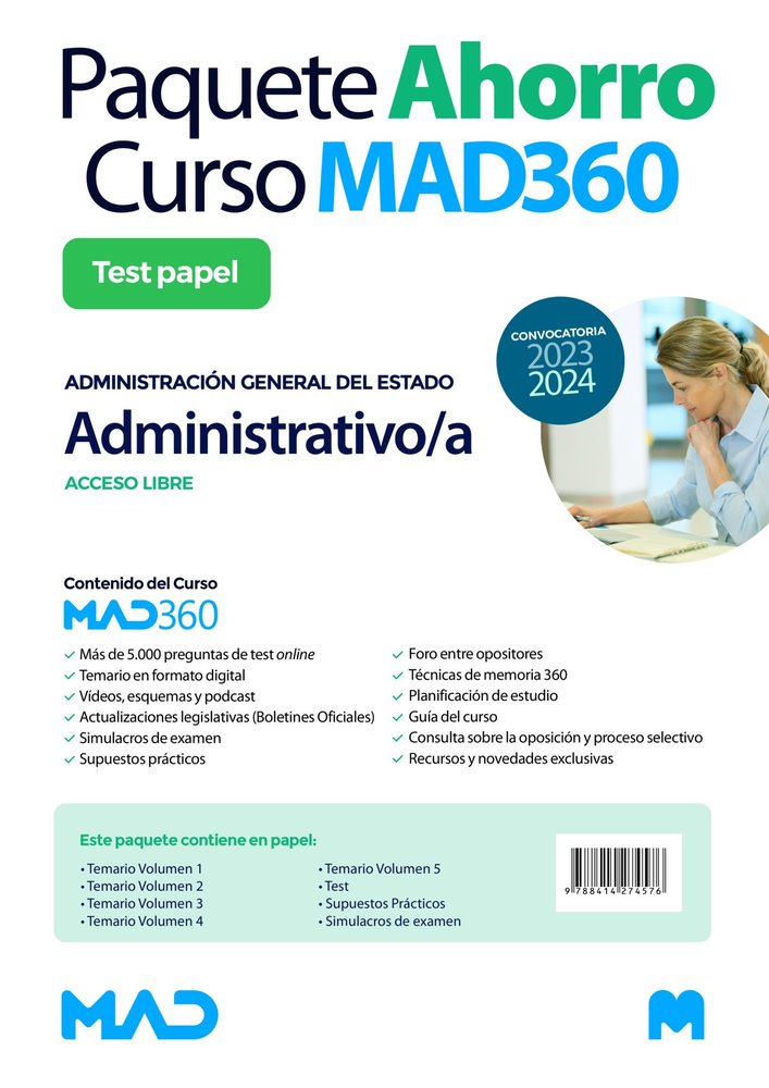PAQUETE AHORRO CURSO MAD360 Y LIBROS PAPEL OPOSICIONES ADMIN, de USERO LOPEZ | portada del libro