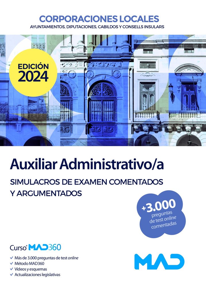 AUXILIAR ADMINISTRATIVO SIMULACROS DE EXAMEN(2023-2024) | portada del libro