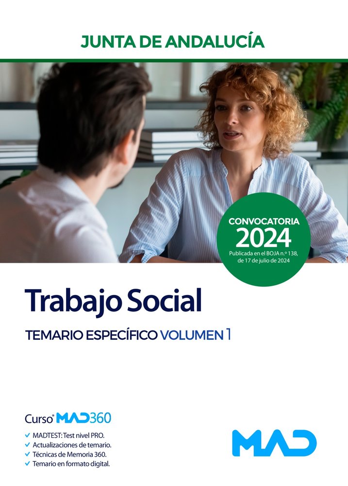 TRABAJO SOCIAL JUNTA DE ANDALUCIA TEMARIO ESPECIFICO VOL 1 2024 | portada del libro
