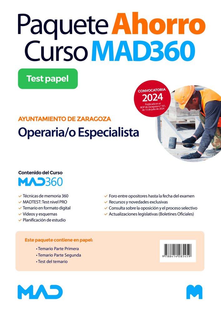 OPOSICIONES OPERARIA/O ESPECIALISTA DEL AYUNTAMIENTO DE ZARAGOZA PAQUETE AHORRO, de VEGA ALVAREZ | portada del libro