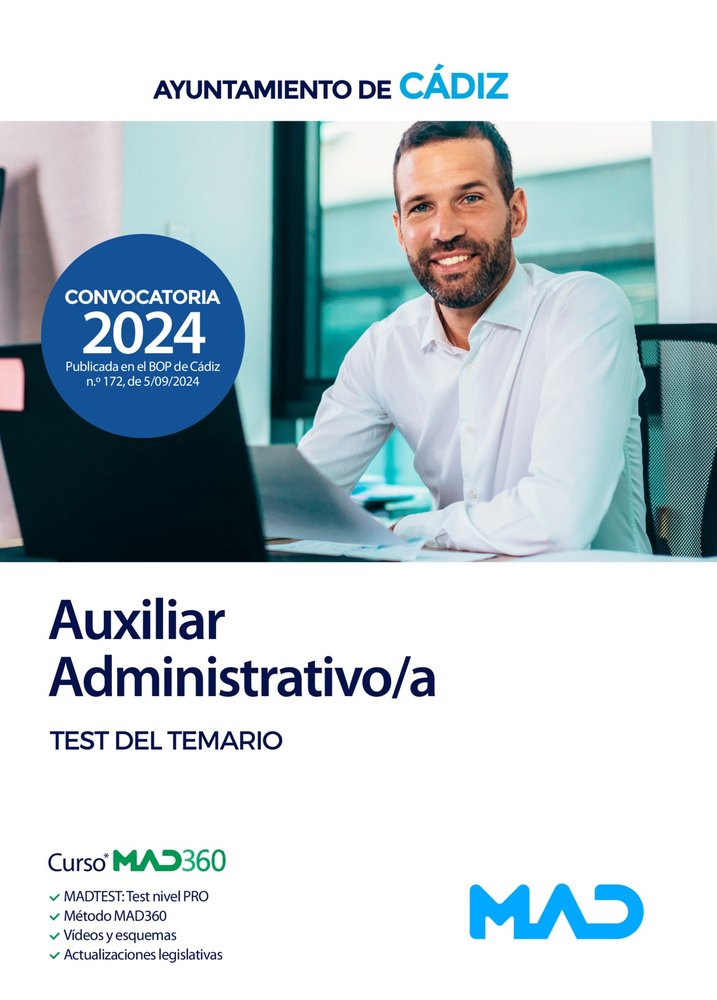 AUXILIAR ADMINISTRATIVO/A TEST TEMARIO AYUNTAMIENTO CADIZ | portada del libro