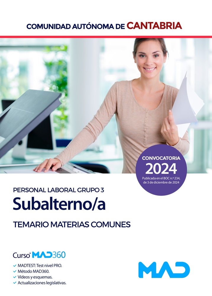 TEMARIO SUBALTERNO-A, PERSONAL LABORAL, MATERIAS COMUNES, CANTABR, de AA.VV. | portada del libro