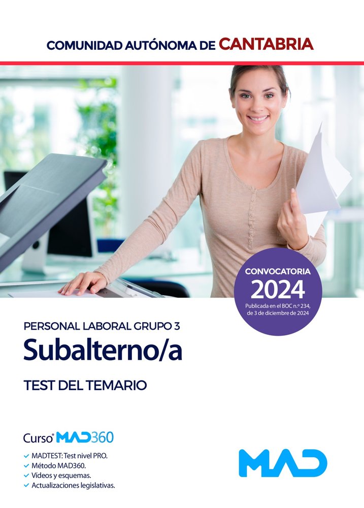 SUBALTERNO/A PERSONAL LABORAL GRUPO 3 TEST TEMARIO CANTABRI | portada del libro