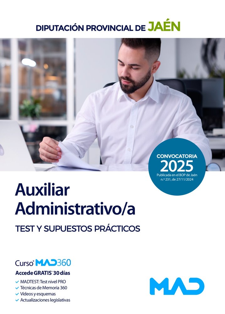 AUXILIAR ADMINISTRATIVO/A TEST Y SUPUESTOS PRACTICOS JAEN | portada del libro