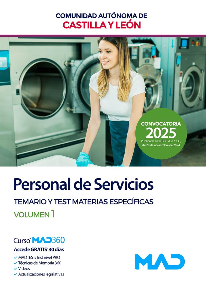 TEMARIO Y TEST MATERIAS ESPECIFICAS VOL. 1 PERSONAL DE SERVICIOS DE CASTILLA Y L, de AAVV | portada del libro