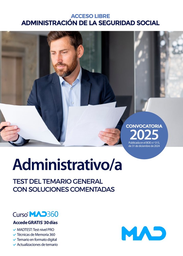 025 TEST TEMARIO GENERAL ADMINISTRATIVO SEGURIDAD SOCIAL TURNO LIBRE, de AA.VV. | portada del libro