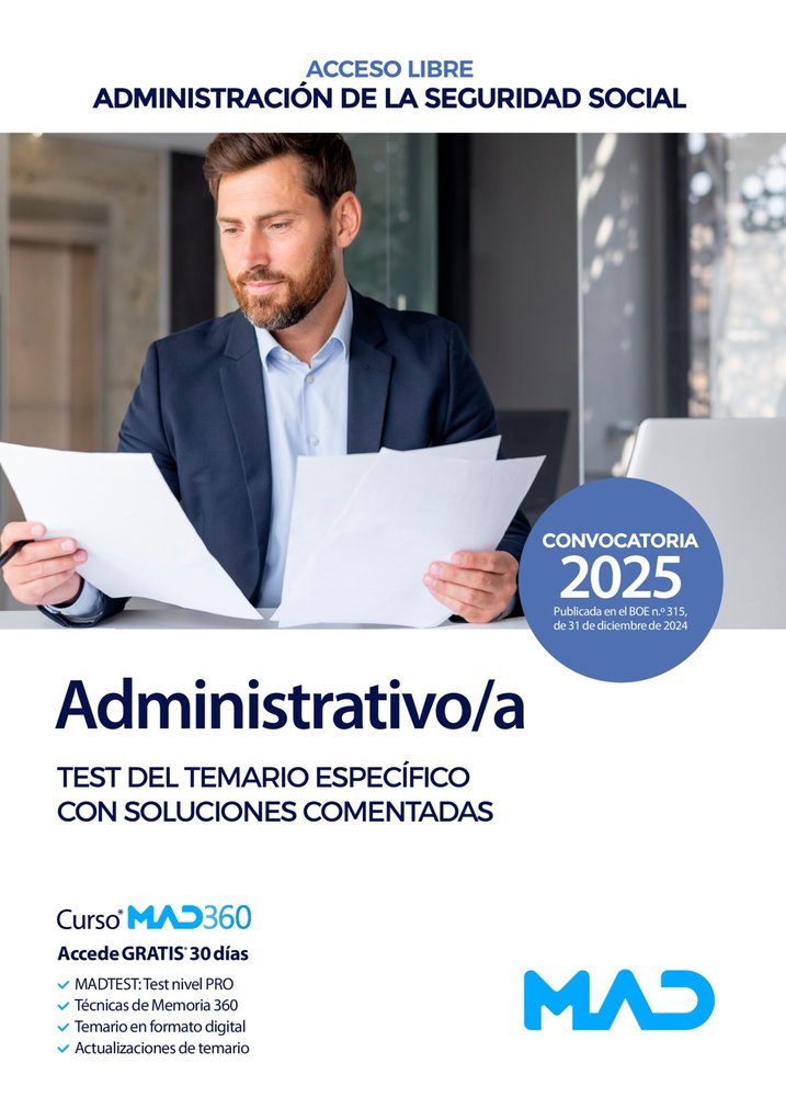 ADMINISTRATIVO SEGURIDAD SOCIAL TEST ESPECIFICO 2025 | portada del libro