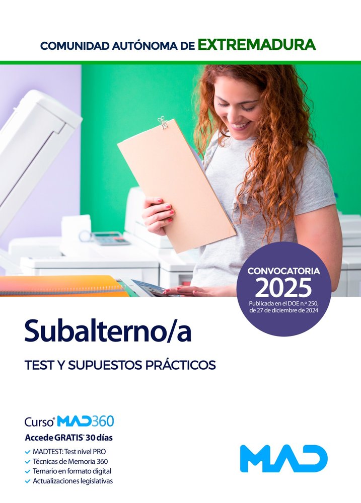 SUBALTERNO TEST Y SUPUESTO PRACTICO COMUNIDAD EXTREMADURA | portada del libro
