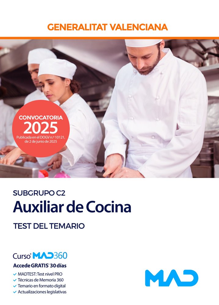 AUXILIAR DE COCINA (SUBGRUPO C2) TEST DEL TEMARIO GENERALITAT VALENCIANA, de VARIOS | portada del libro