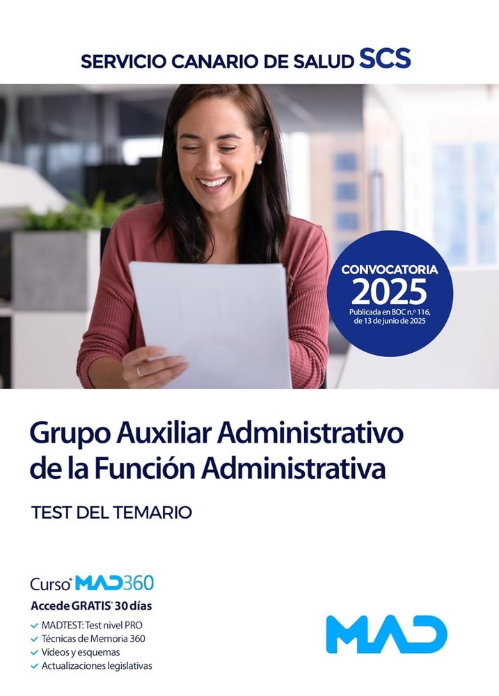 025 TEST AUXILIAR ADMINISTRATIVO SERVICIO CANARIO SALUD | portada del libro