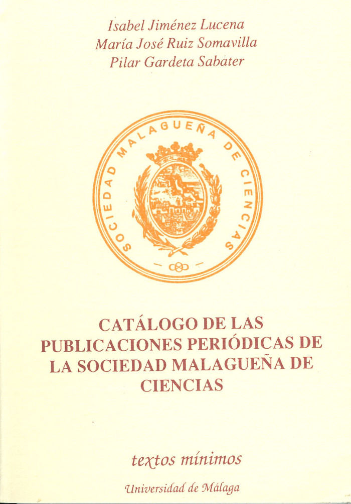 Catálogo de las publicaciones periódicas de la Sociedad Malagueña de Ciencias, de Jiménez Lucena | portada del libro