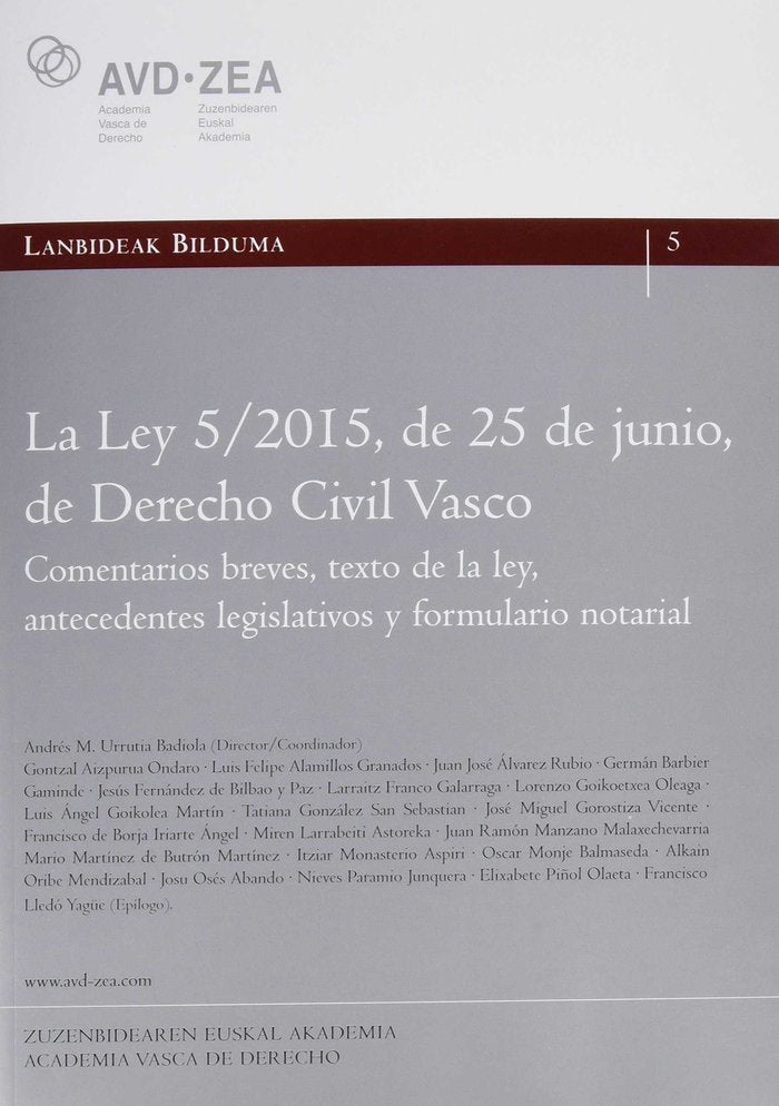 La Ley 5/2015, de 25 de junio, de Derecho Civil Vasco. | portada del libro