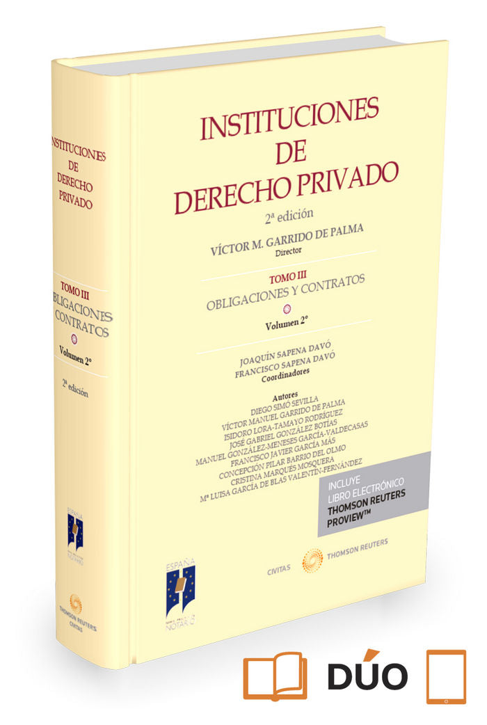 INSTITUCIONES DE DERECHO PRIVADO. TOMO III OBLIGACIONES Y CONTRATOS. Volumen 2º (Papel + e-book), de Sapena Davó, Joaquín | p