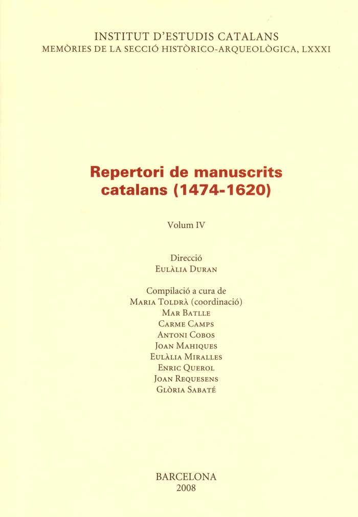 Repertori de manuscrits catalans (1474-1620). Vol IV | portada del libro