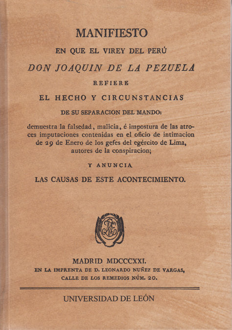 MANIFIESTO DEL VIRREY DE PERU, DON JOAQUIN DE LA PEZUELA, de PEZUELA, JOAQUIN DE LA | portada del libro