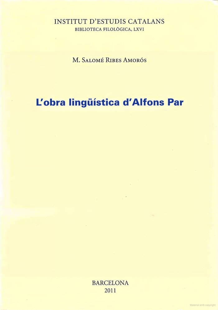 L'OBRA LINGUISTICA D'ALFONS PAR, de RIBES AMOROS, M. SALOME | portada del libro