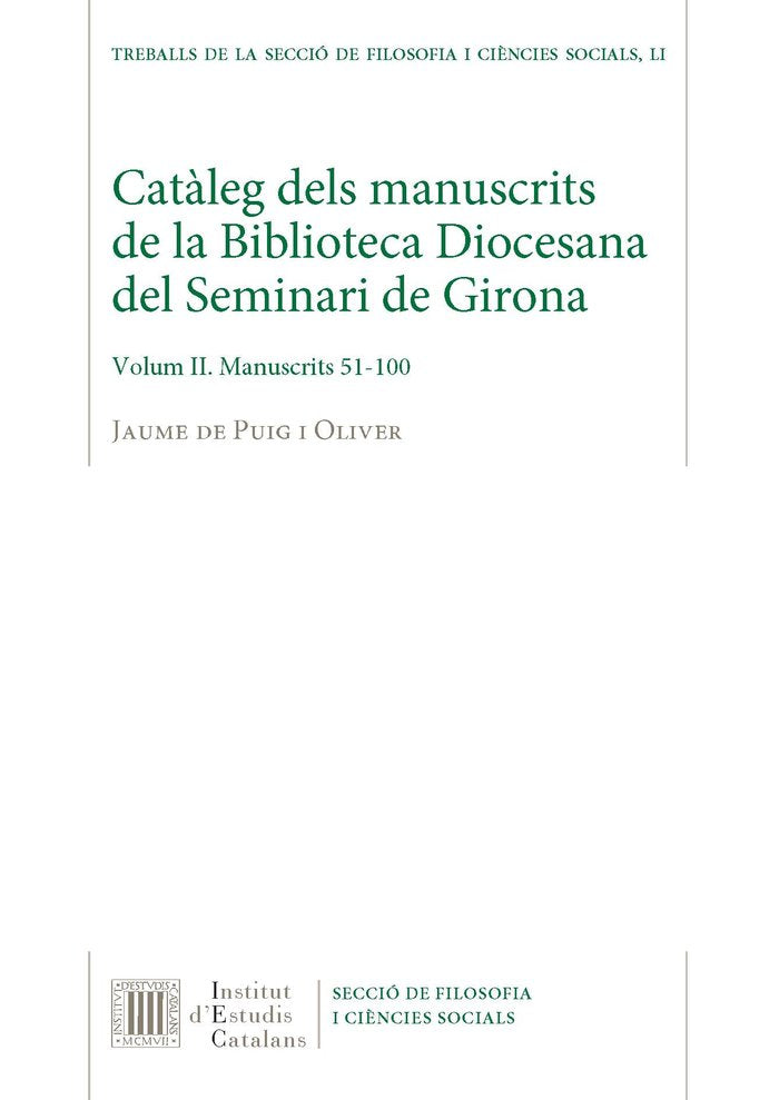 Catàleg dels manuscrits de la Biblioteca Diocesana del Seminari de Girona, de Puig i Oliver, Jaume de | portada del libro