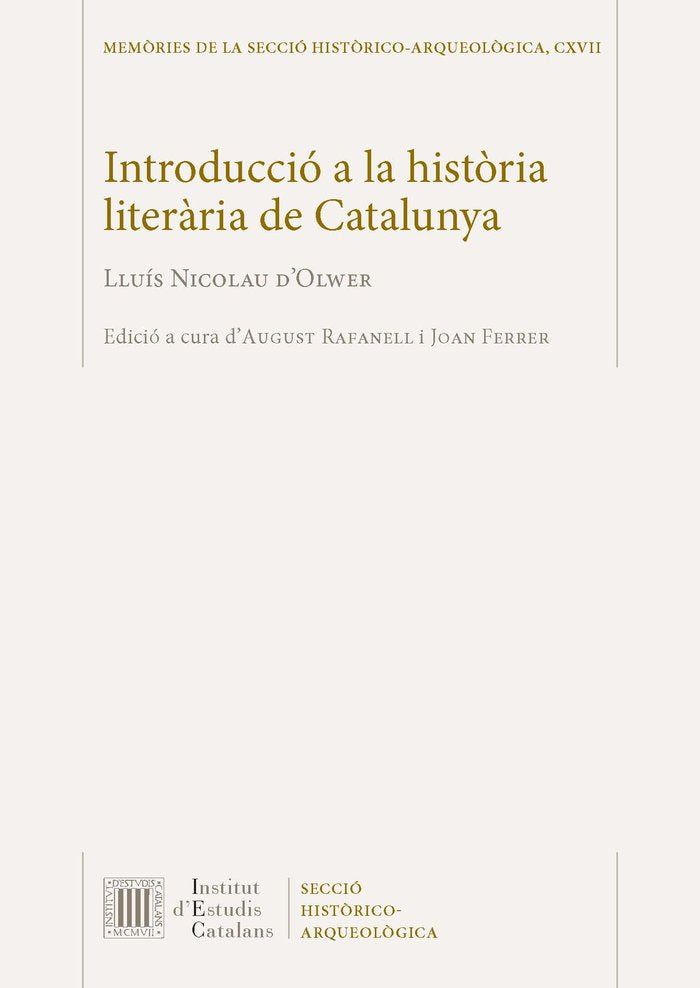 INTRODUCCIO A LA HISTORIA LITERARIA DE CATALUNYA, de NICOLAU D'OLWER, LLUIS | portada del libro