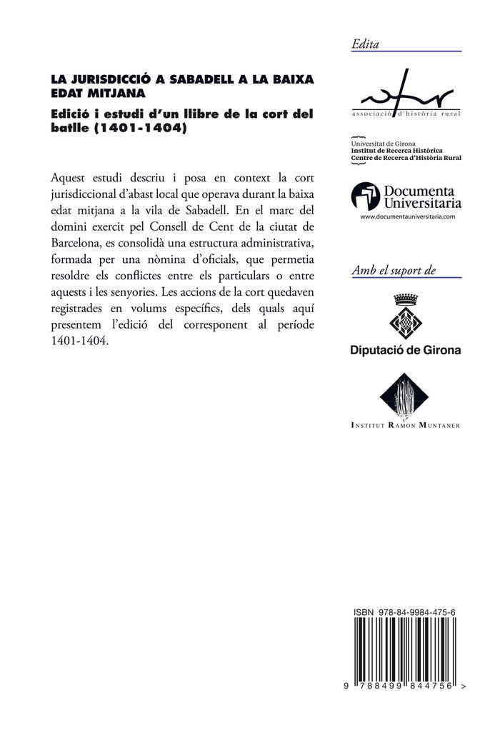 La jurisdicció a Sabadell a la baixa edat mitjana, de Sales Favà, Lluís | portada del libro
