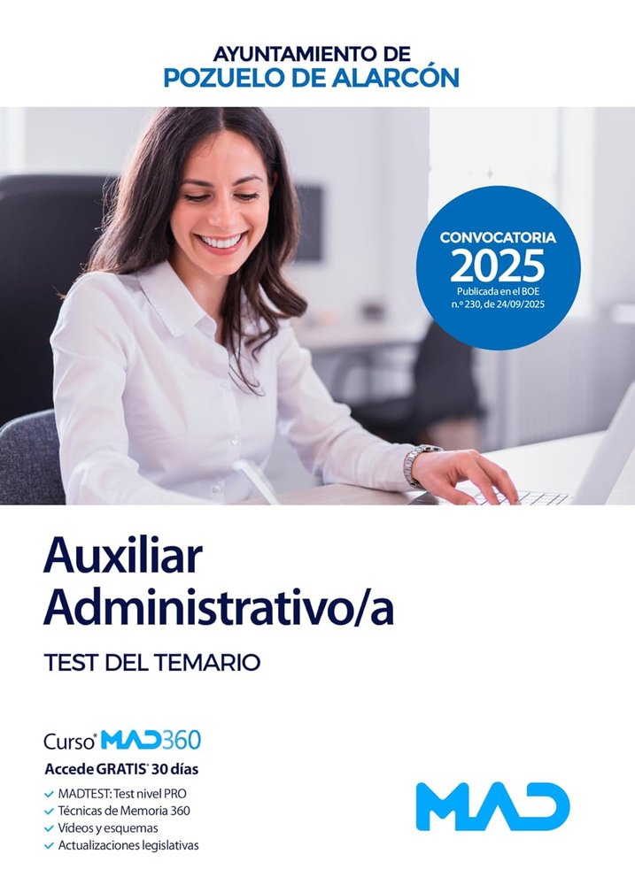 AUXILIAR ADMINISTRATIVO/A TEST TEMARIO AYUNTAMIENTO POZUELO | portada del libro