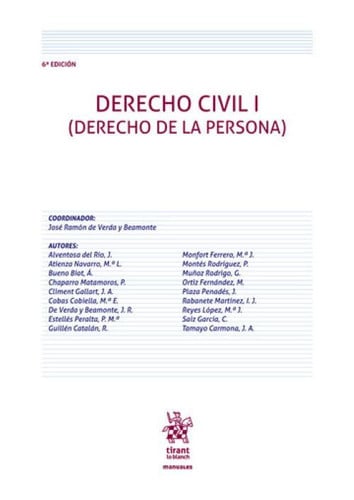 DERECHO CIVIL I (DERECHO DE LA PERSONA) 6ª EDICION, de JOSE RAMON DE VERDA Y BEAMONTE | portada del libro